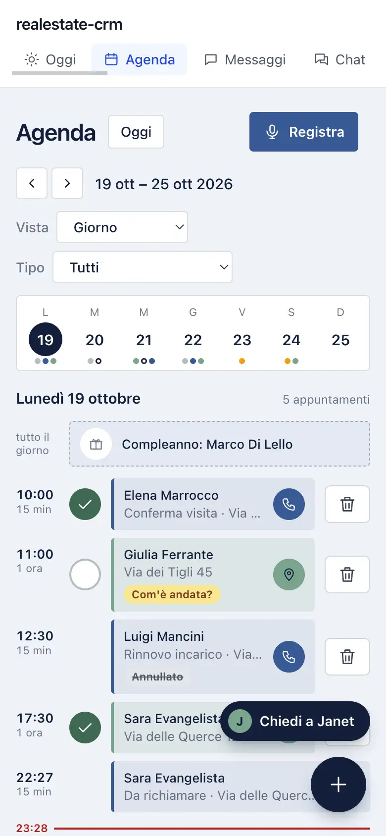 La schermata Agenda