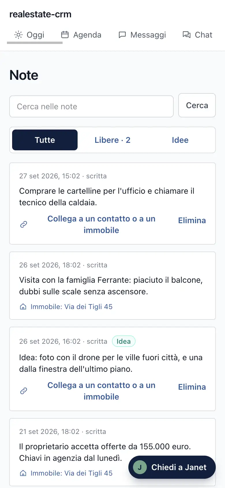 La schermata Note