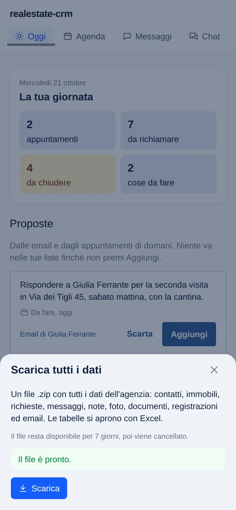 La schermata Scarica tutti i dati
